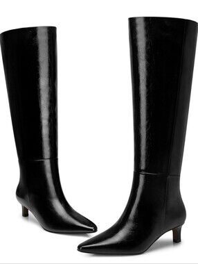 NWOT Cellenz Black Knee High Boots‎ Pointed Toe Kitten Heel Size 7.5 clean girl,